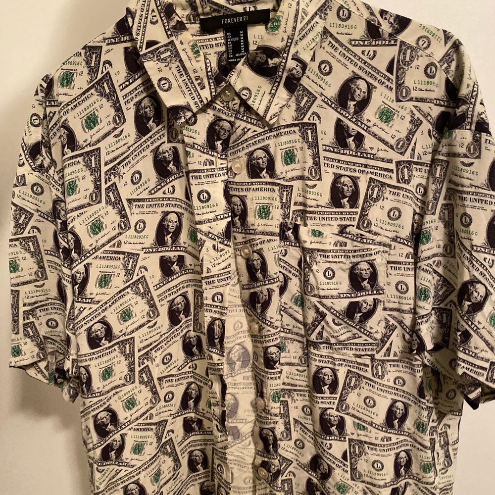 Forever 21 dollar bill print button up top size M